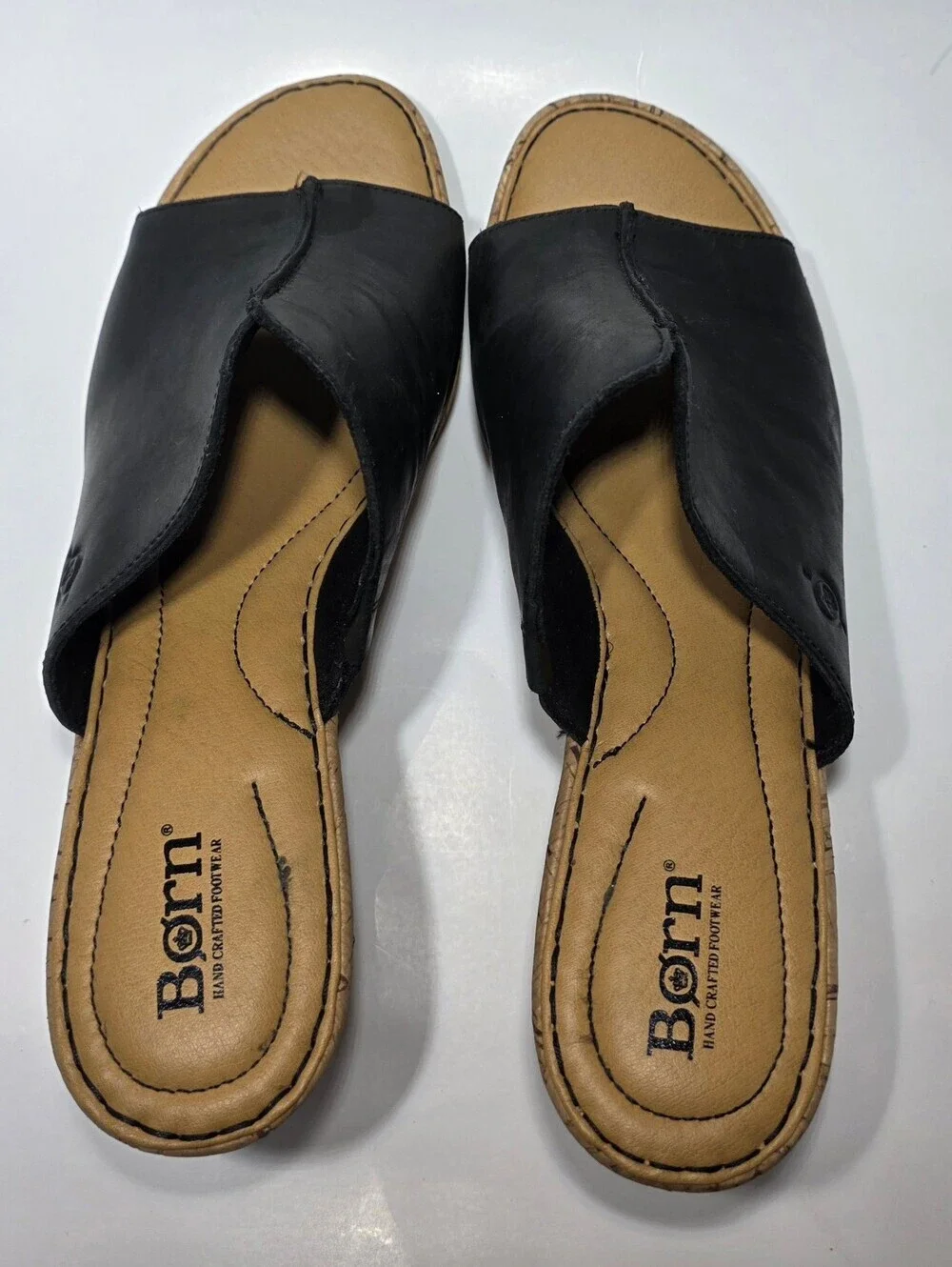 Born Women’s Black Leather Slide Sandals Cork Wedge Comfort Shoes Size 11M